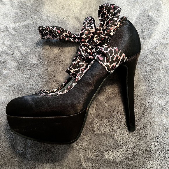 Makers Sz 10 Black Satin Platform Stiletto Heel Pink Leopard Ankle Lace Up Tie - Picture 5 of 14